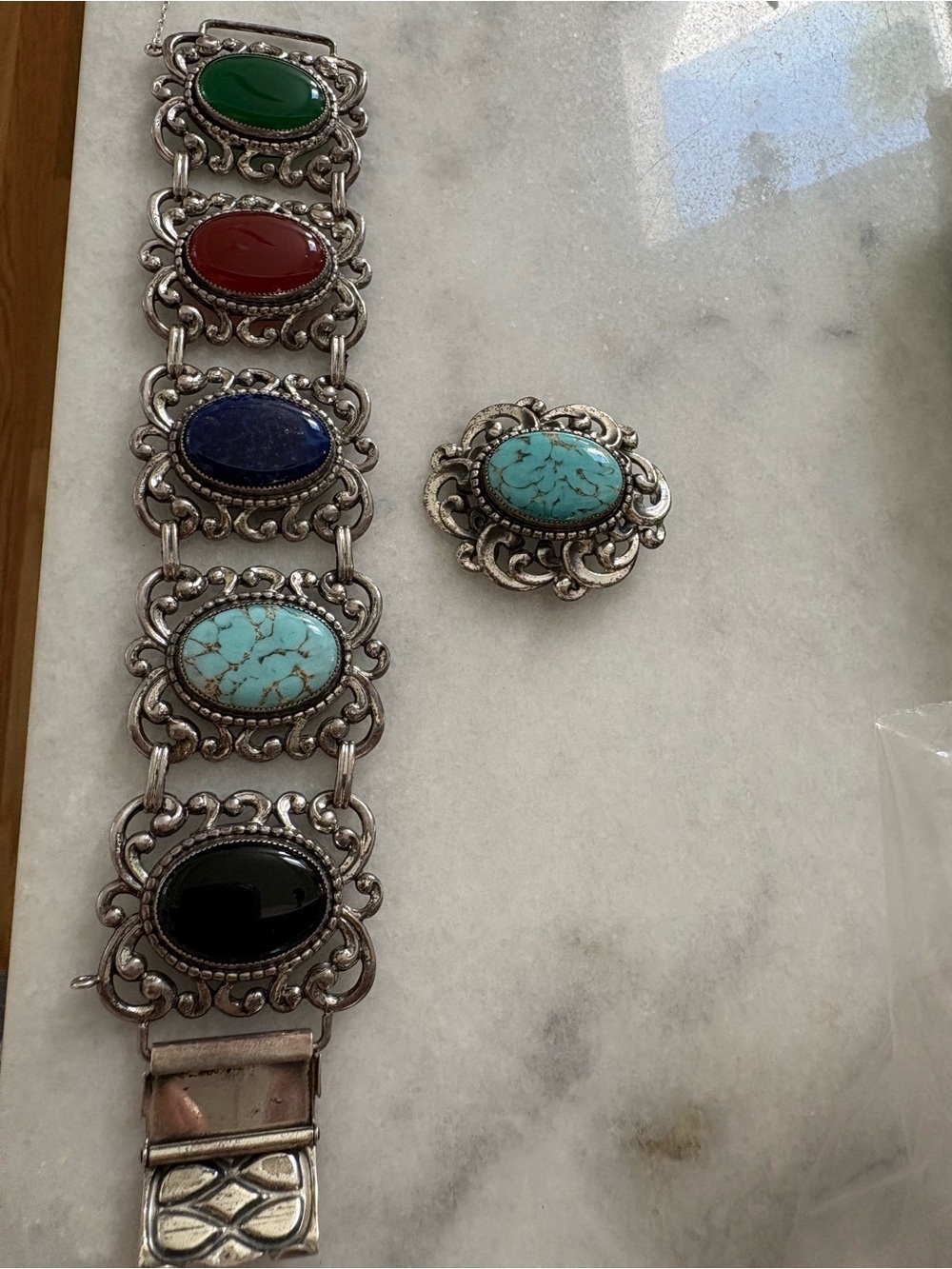 Danecraft Multicolored Cabochon Sterling Bracelet with Matching Brooch/Pendant